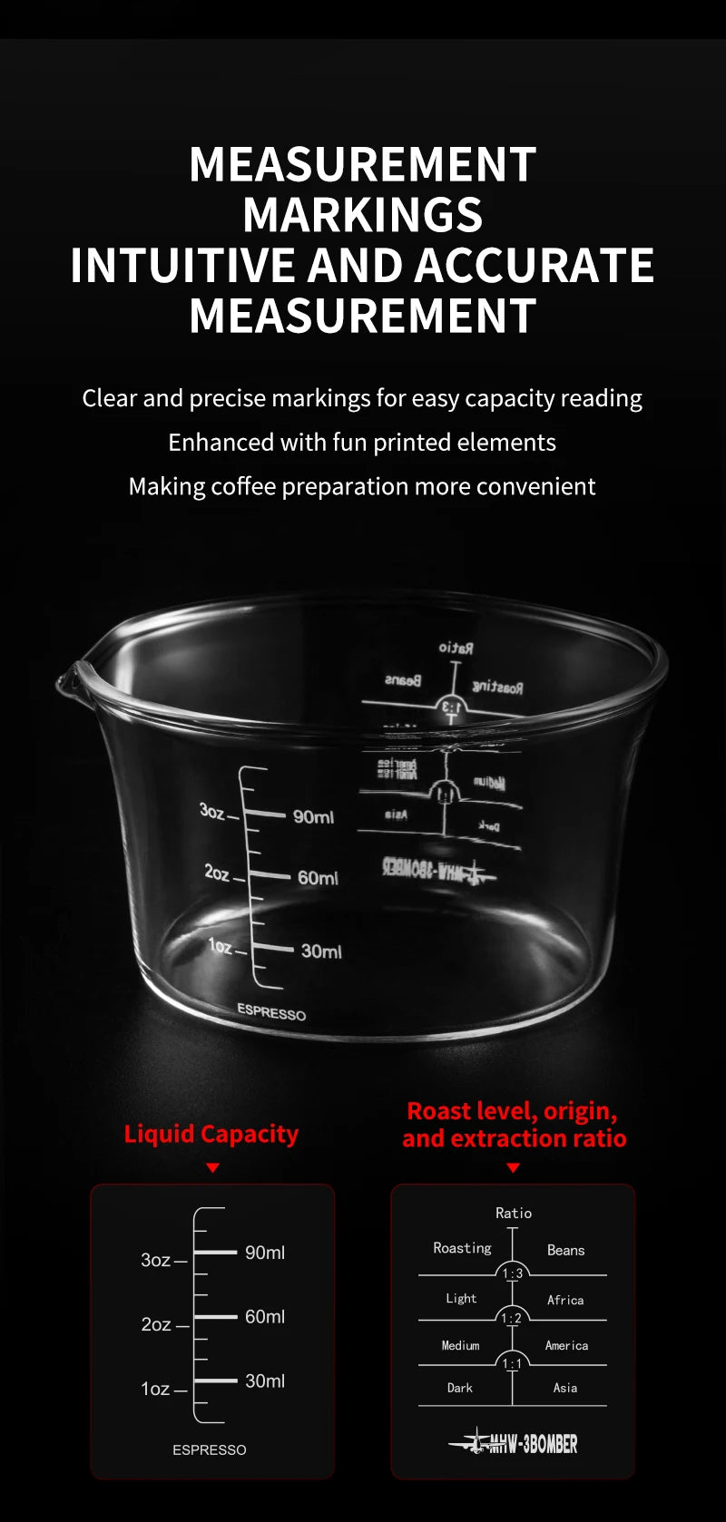 MHW-3BOMBER 120ML Glass Measuring Cup Single & Double Spout Espresso Measuring Cup with Scale Barista Tool Coffee Accessories