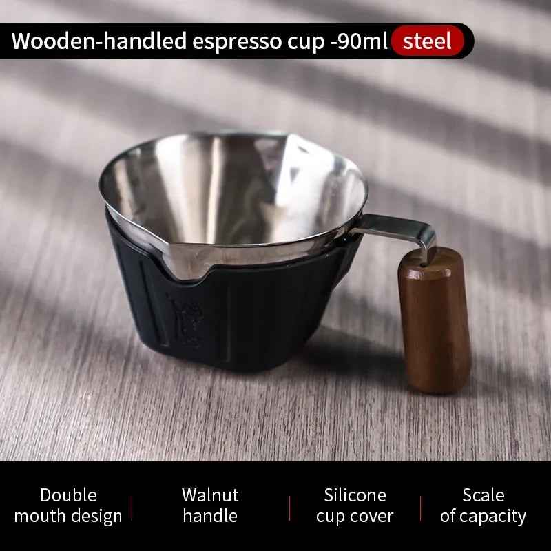 Bincoo 90ml Oak Handle Espresso Scale Cup Double Spout Design Accurate Ounce Measurement for Coffee Extraction Accessories