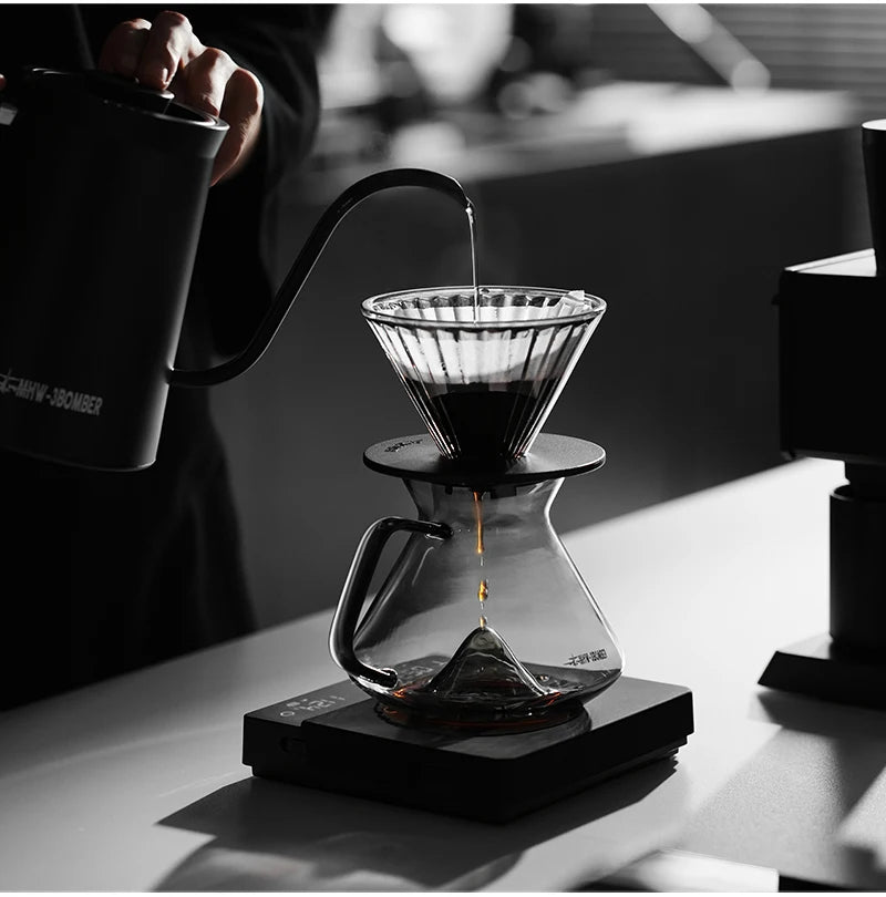 MHW-3BOMBER Hill Coffee Server Guide Extraction Pour Over Coffee Server Ergonomic Handle High-Borosilicate Glass For Barista