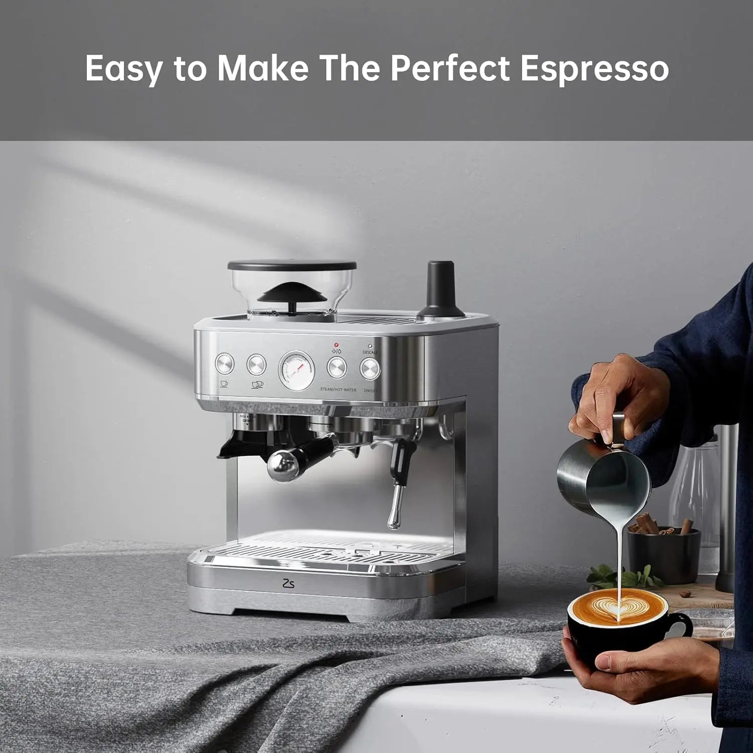 Espresso Machine with Milk Frother and Grinder, 15 Bar Automatic Espresso Coffee Machine All In One Coffee Maker