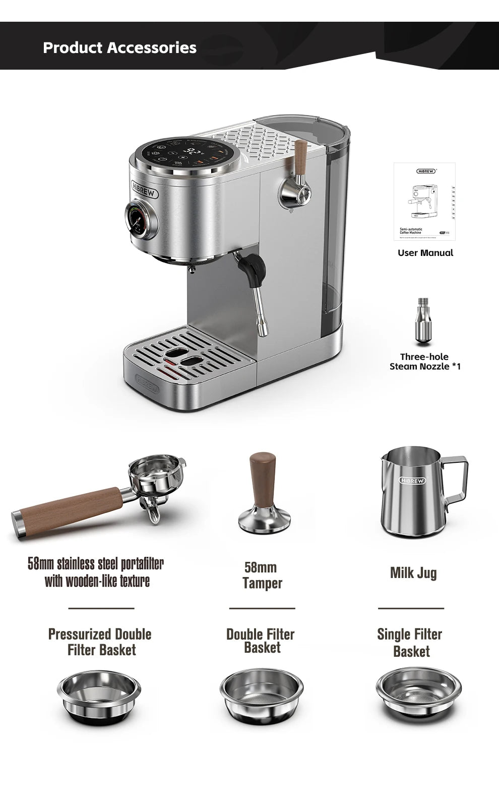 HiBREW Semi-automatic Espresso Coffee Machine 3 Level Temperature Adjustable Cold/Hot 20Bar Coffee Maker Cappuccino H13