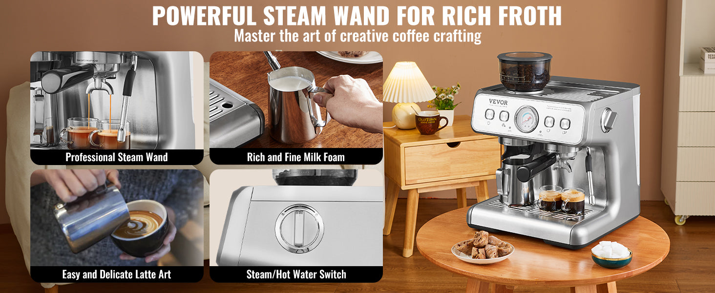 SucceBuy Espresso Machine with Grinder 15 Bar Semi-Automatic Espresso Coffee Maker with Milk Frother Steam Wand